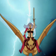 An image of a woman riding a dinosaur-like bird with lightning striking behind it.